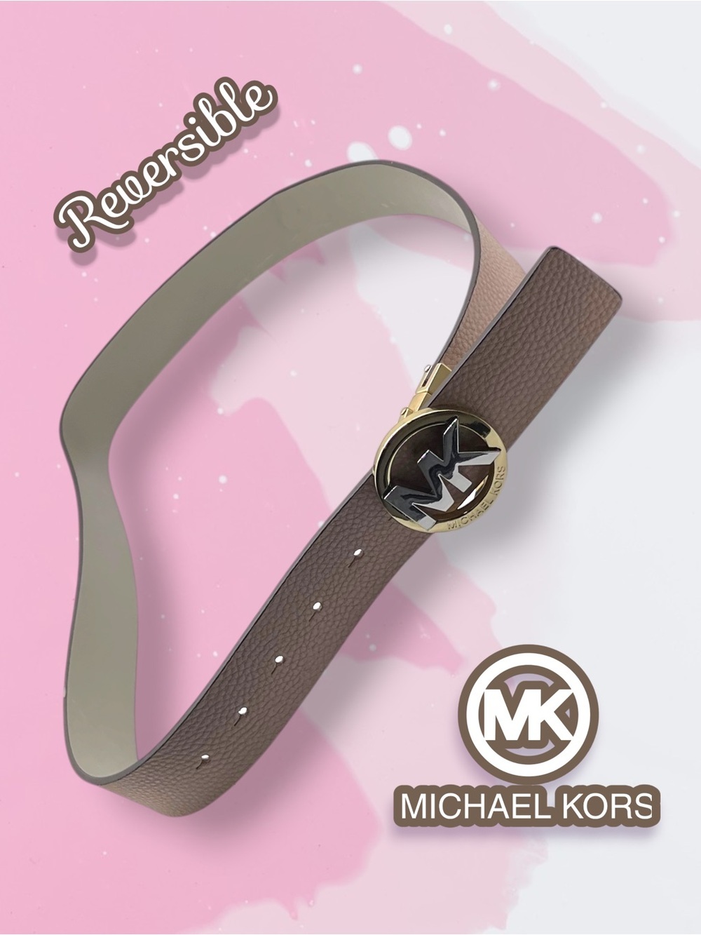 Michael Kors Reversible Leather Grey Bone Taupe/Pink Belt with Two Tone Buckle